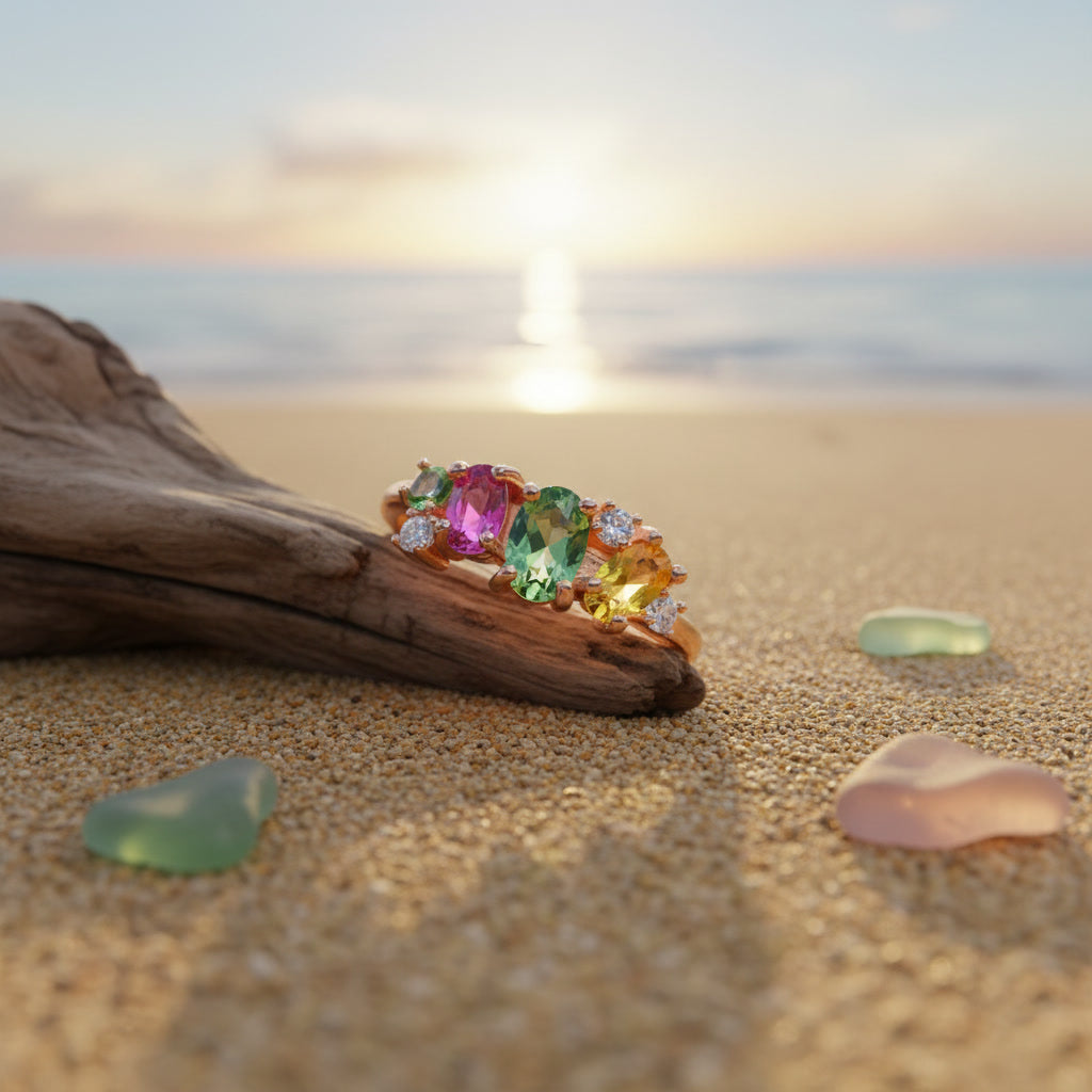 Natural Multi Tourmaline Statement Ring with mixed cut rainbow gemstones in pink green blue and golden tones crafted in 925 sterling silver by PHIMSERA