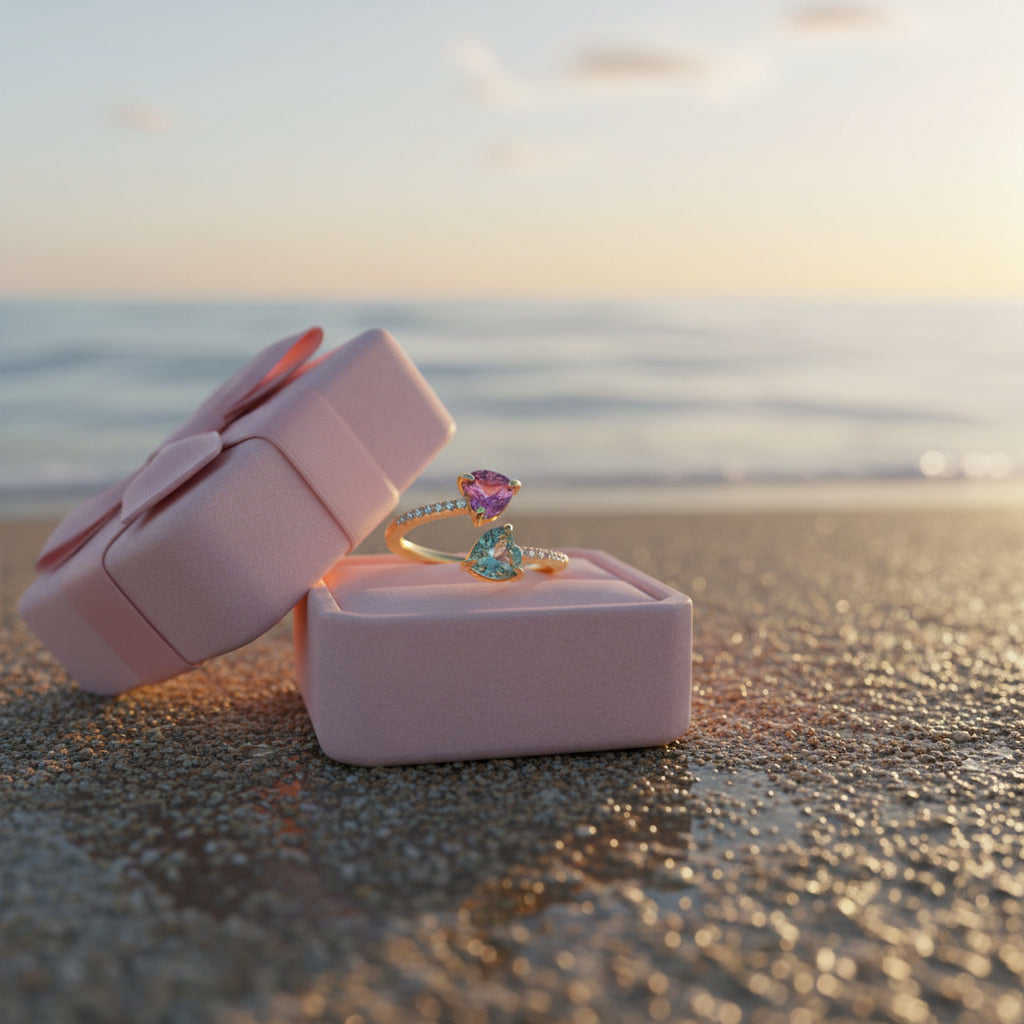 Natural Pink and Green Tourmaline Open Heart Ring with 5mm heart-cut gemstones and cubic zirconia accents in 925 sterling silver with platinum plated finish by PHIMSERA