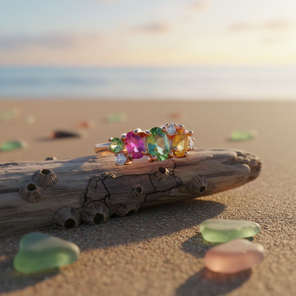 Natural Multi Tourmaline Statement Ring with mixed cut rainbow gemstones in pink green blue and golden tones crafted in 925 sterling silver by PHIMSERA