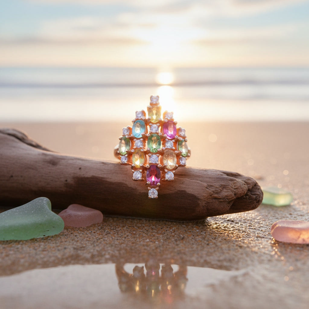Natural Multi Tourmaline Cluster Statement Ring with 3x4mm colorful gemstones and cubic zirconia accents in 925 sterling silver with platinum plated finish by PHIMSERA