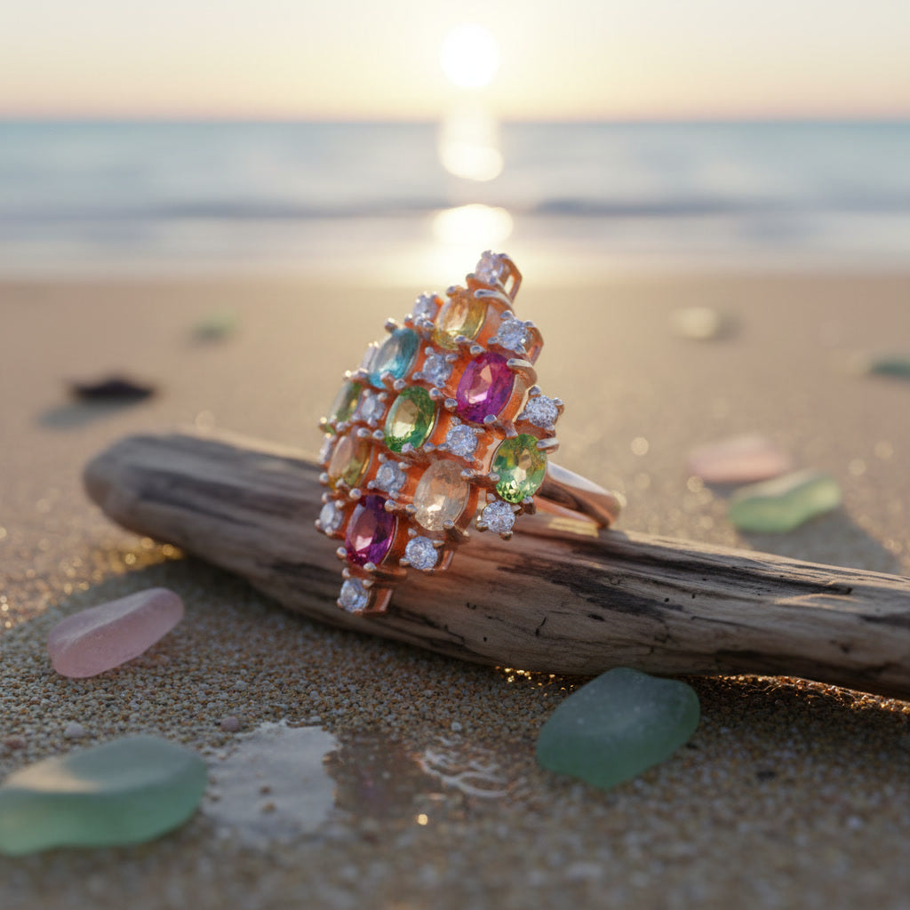 Natural Multi Tourmaline Cluster Statement Ring with 3x4mm colorful gemstones and cubic zirconia accents in 925 sterling silver with platinum plated finish by PHIMSERA