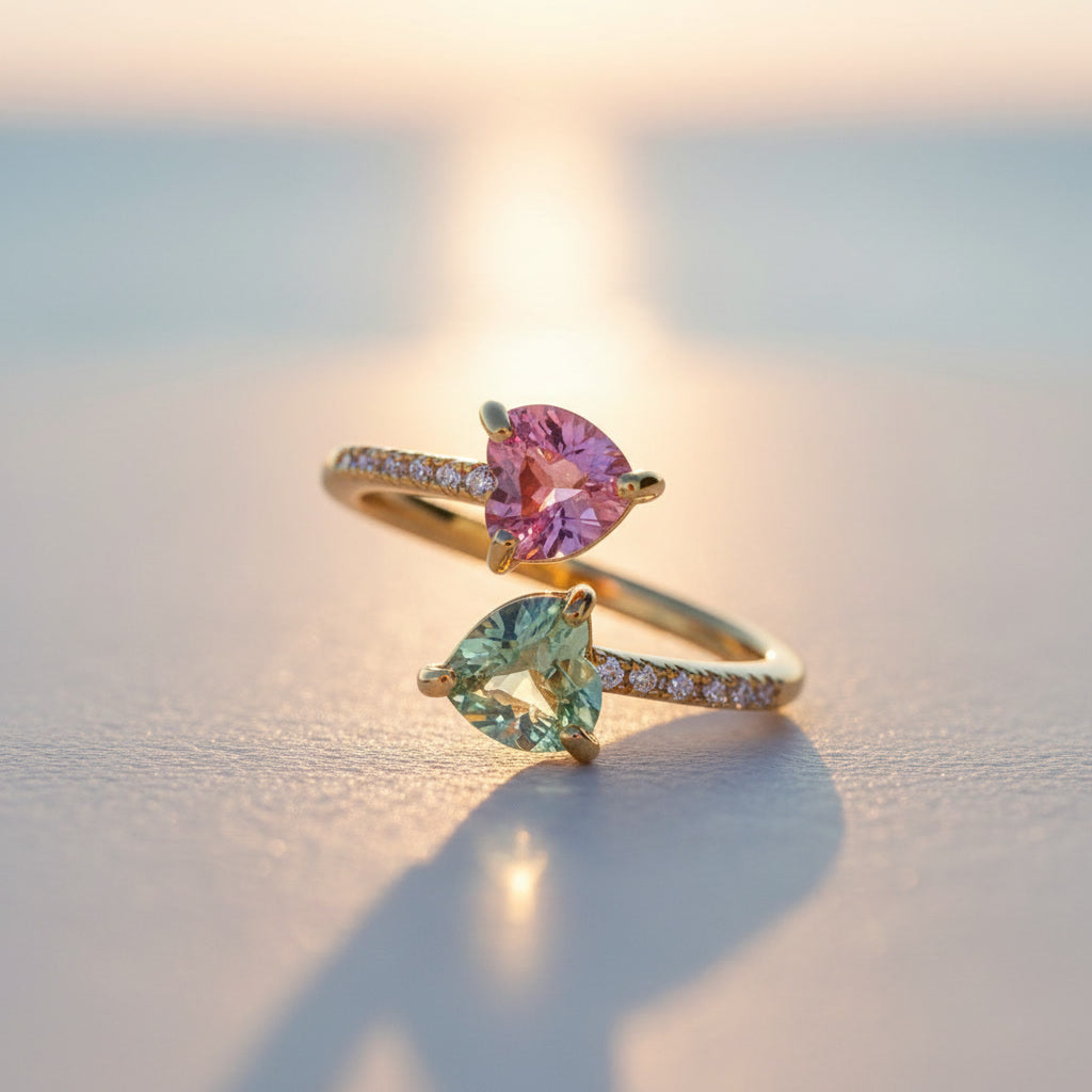 Natural Pink and Green Tourmaline Open Heart Ring with 5mm heart-cut gemstones and cubic zirconia accents in 925 sterling silver with platinum plated finish by PHIMSERA