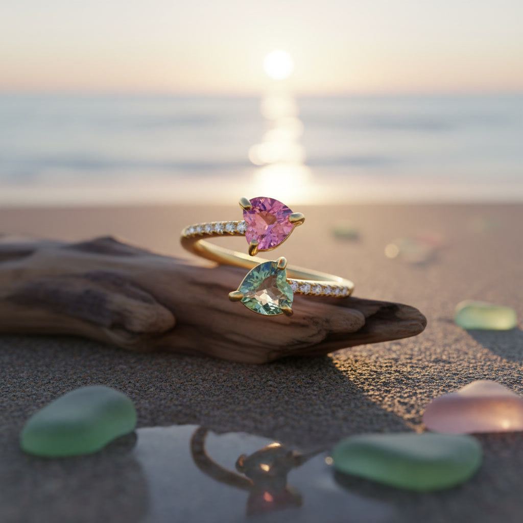 Natural Pink and Green Tourmaline Open Heart Ring with 5mm heart-cut gemstones and cubic zirconia accents in 925 sterling silver with platinum plated finish by PHIMSERA