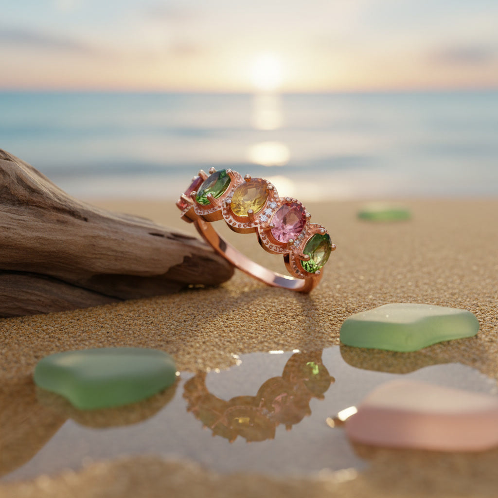 Natural Multi Tourmaline Statement Ring with 4x6mm oval colorful gemstones and cubic zirconia accents in 925 sterling silver with platinum plated finish by PHIMSERA