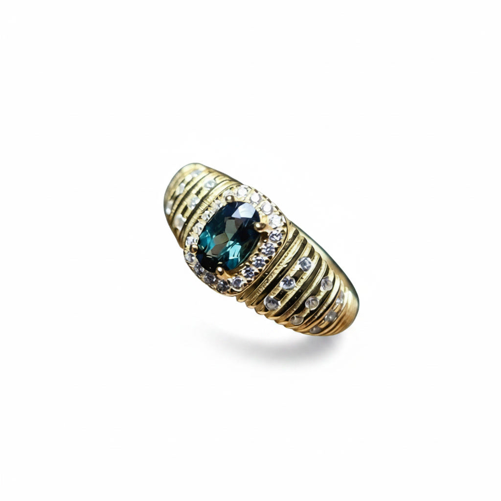 Natural Tourmaline Vintage Halo Ring with 4x6mm oval gemstone and cubic zirconia accents in 925 sterling silver with platinum plated finish by PHIMSERA