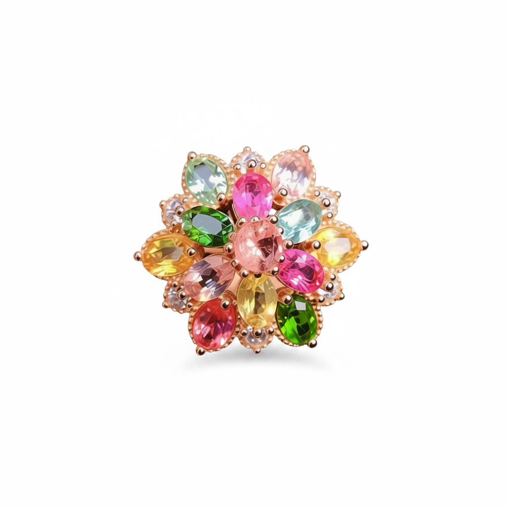 Natural Multi Tourmaline Floral Statement Ring with 3x4mm colorful gemstones and cubic zirconia accents in 925 sterling silver with platinum plated finish by PHIMSERA