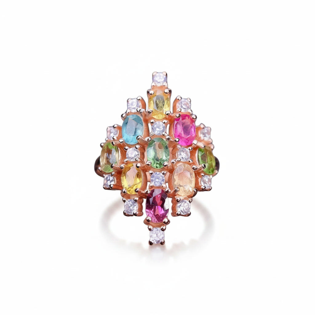 Natural Multi Tourmaline Cluster Statement Ring with 3x4mm colorful gemstones and cubic zirconia accents in 925 sterling silver with platinum plated finish by PHIMSERA