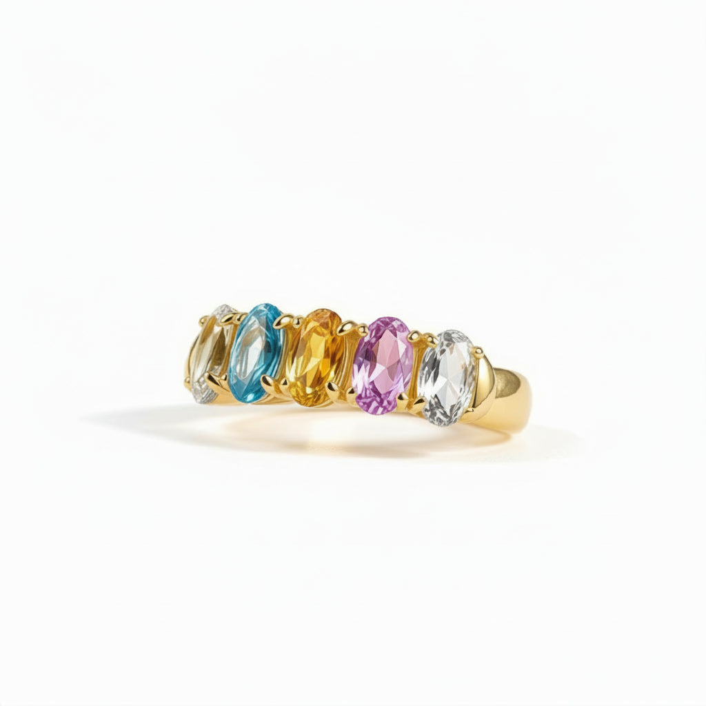 Natural Multi Tourmaline Five Stone Ring with 3x4mm marquise-cut colorful gemstones in 925 sterling silver with platinum plated finish by PHIMSERA