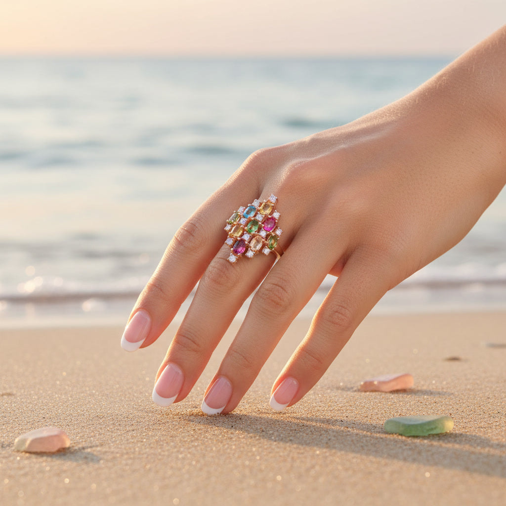 Natural Multi Tourmaline Cluster Statement Ring with 3x4mm colorful gemstones and cubic zirconia accents in 925 sterling silver with platinum plated finish by PHIMSERA