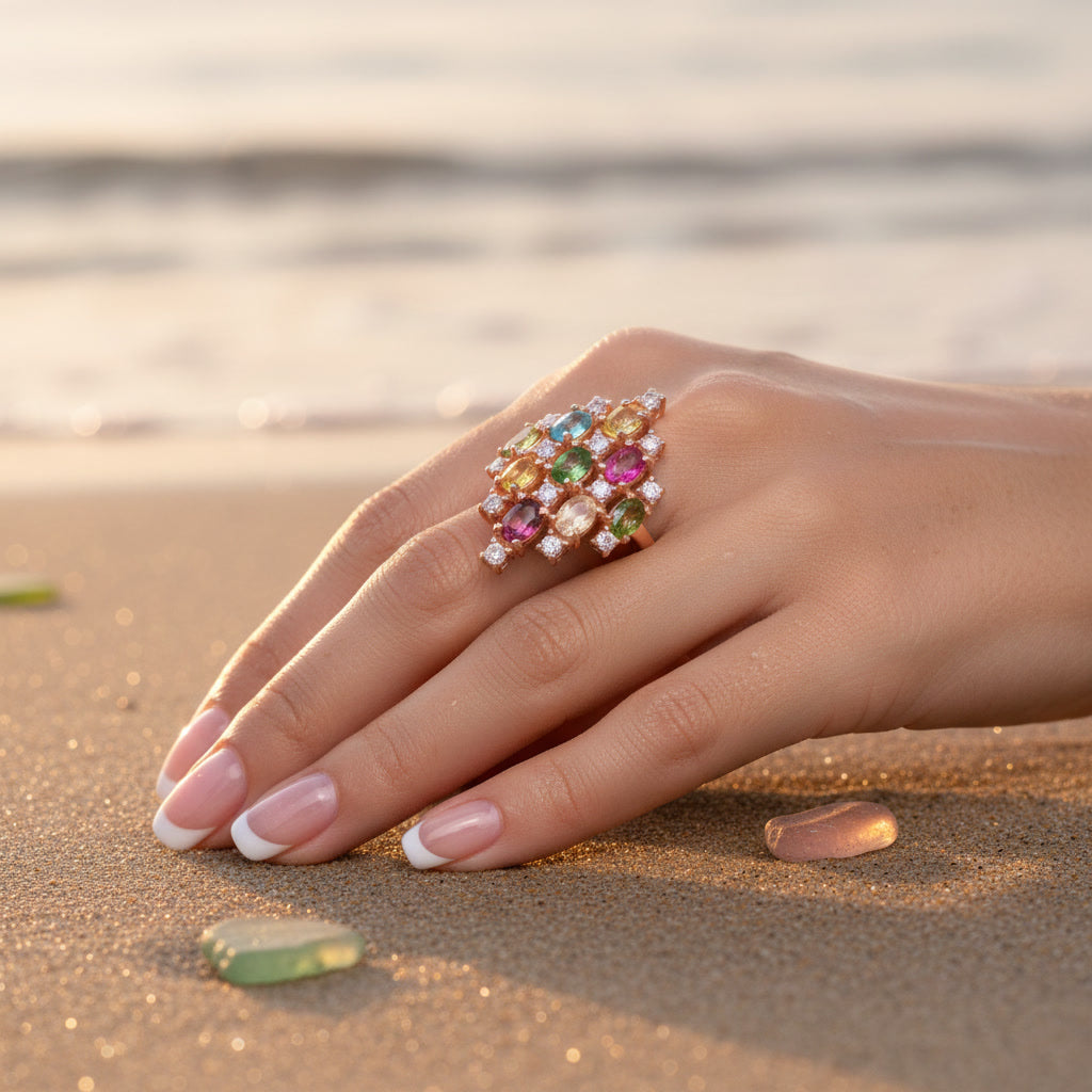 Natural Multi Tourmaline Cluster Statement Ring with 3x4mm colorful gemstones and cubic zirconia accents in 925 sterling silver with platinum plated finish by PHIMSERA