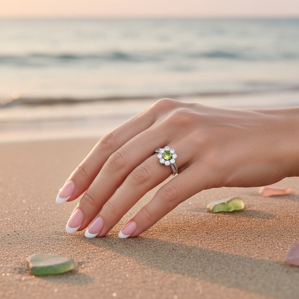 Natural Peridot Halo Ring 5mm Round August Birthstone 925 Sterling Silver CZ