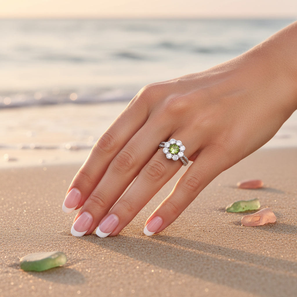 Natural Peridot Halo Ring 5mm Round August Birthstone 925 Sterling Silver CZ