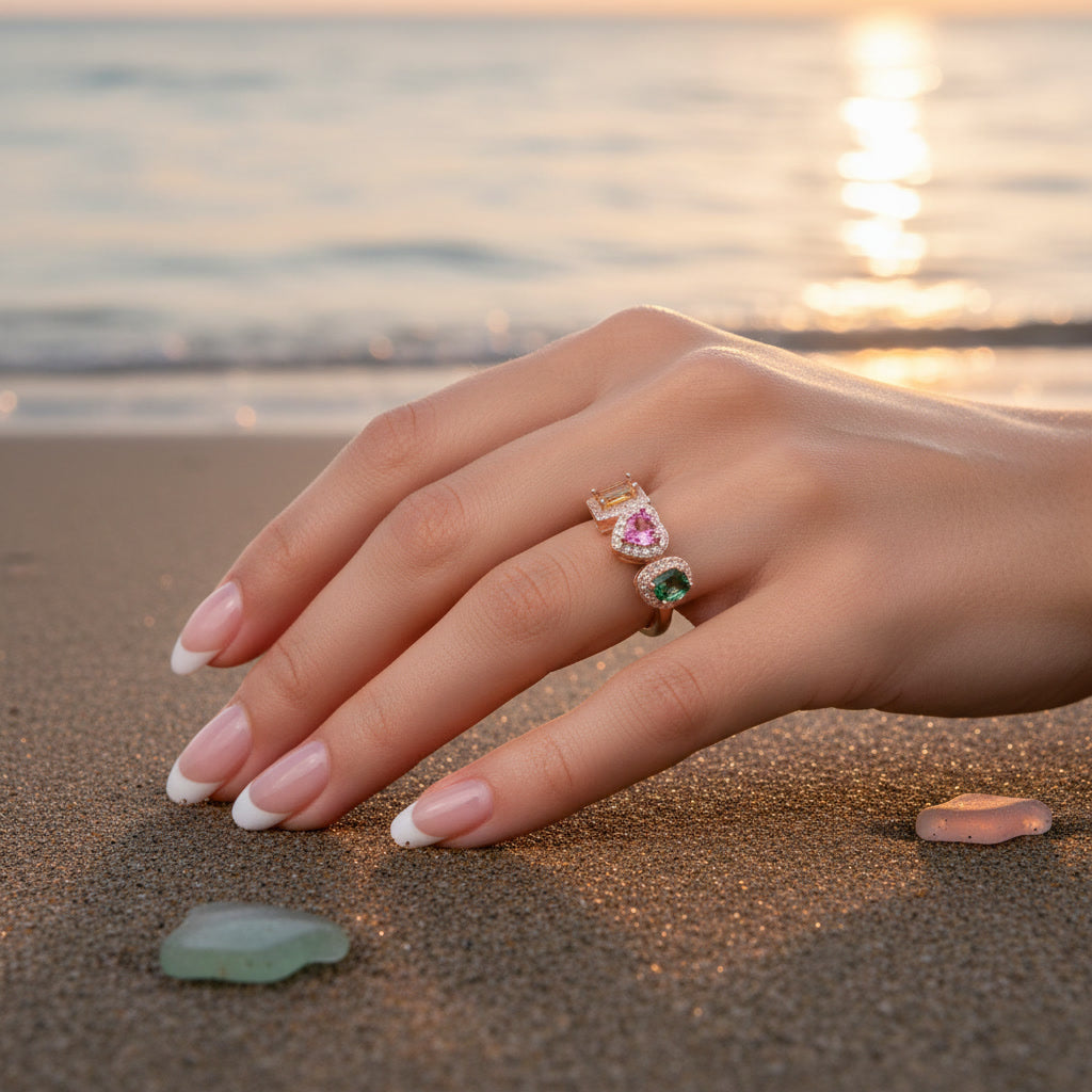 Natural Brazilian Multi Tourmaline Ring with emerald-cut, heart, and oval gemstones in 925 sterling silver with cubic zirconia accents by PHIMSERA
