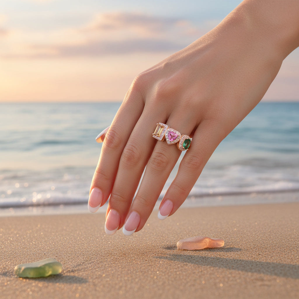 Natural Brazilian Multi Tourmaline Ring with emerald-cut, heart, and oval gemstones in 925 sterling silver with cubic zirconia accents by PHIMSERA
