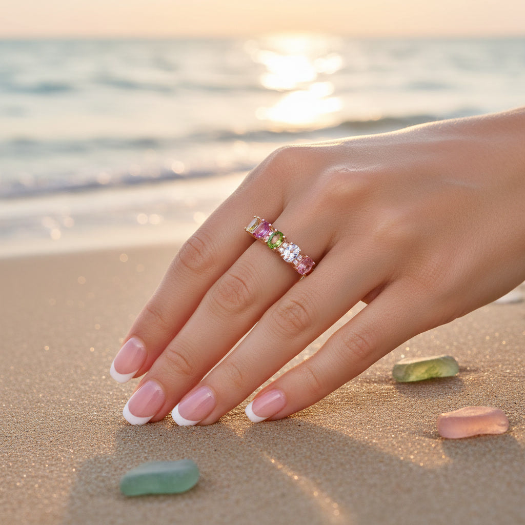 Natural Multi Tourmaline Five Stone Ring Sterling Silver