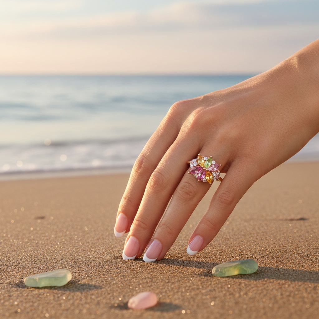 Natural Brazilian Tourmaline Flower Ring, Colorful Gemstone Cluster Ring, Oct.