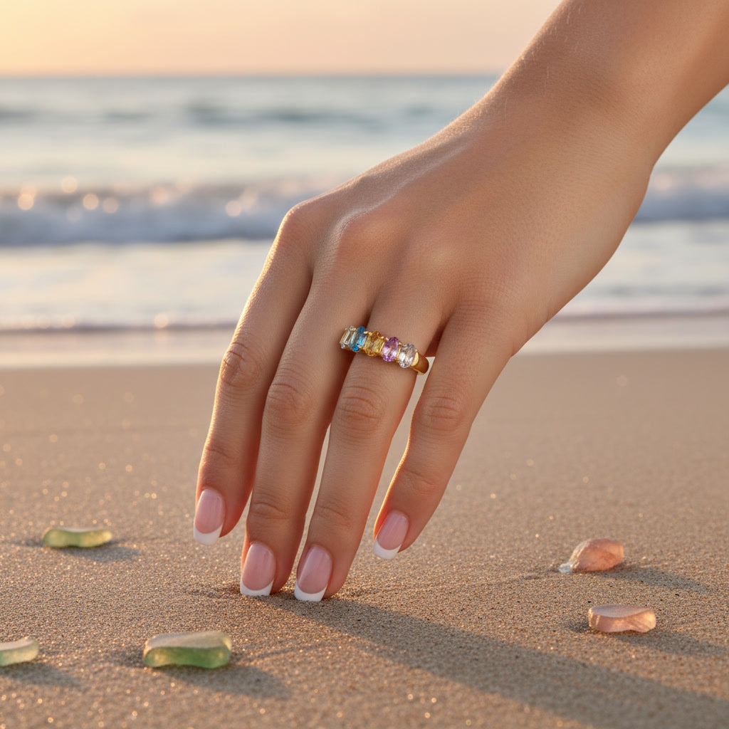 Natural Multi Tourmaline Five Stone Ring with 3x4mm marquise-cut colorful gemstones in 925 sterling silver with platinum plated finish by PHIMSERA
