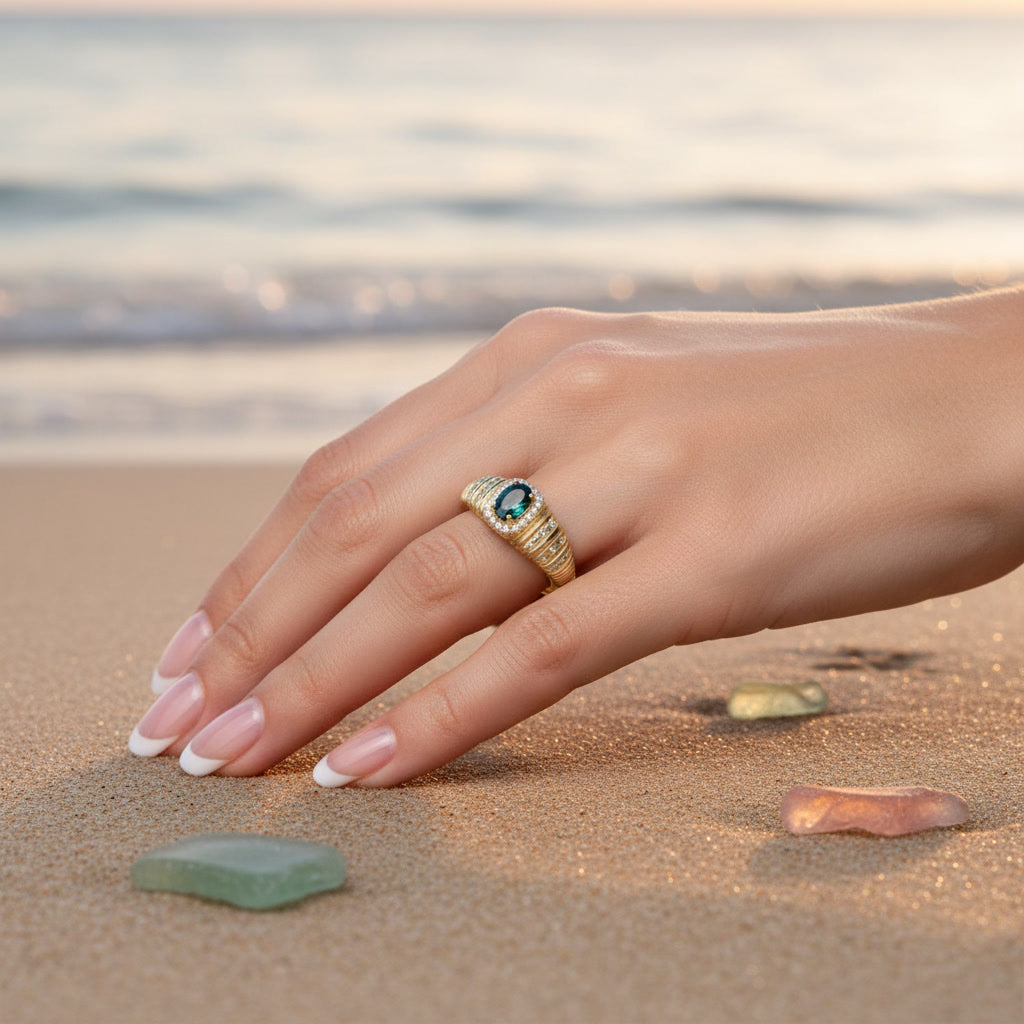 Natural Tourmaline Vintage Halo Ring with 4x6mm oval gemstone and cubic zirconia accents in 925 sterling silver with platinum plated finish by PHIMSERA