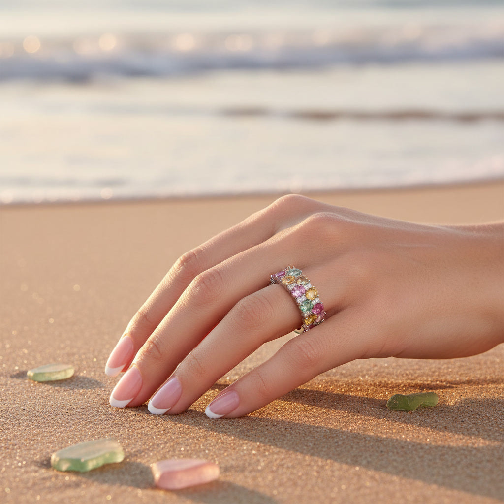 Natural Multi Tourmaline Cluster Ring with 3x4mm colorful gemstones and cubic zirconia accents in 925 sterling silver with platinum plated finish by PHIMSERA
