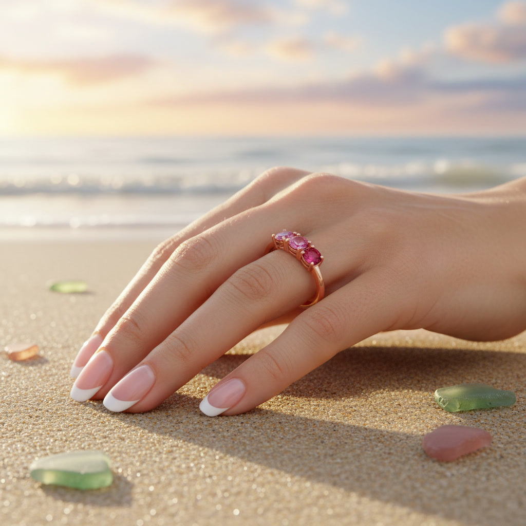 Pink Tourmaline Band Ring, Gradient Pink Tourmaline Ring 925 Sterling Silver