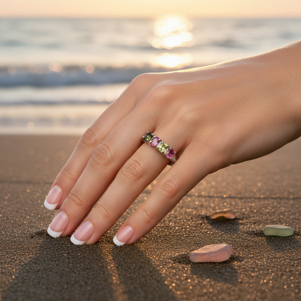 Natural Multi Tourmaline Ring with 3x4mm colorful gemstones and cubic zirconia accents in 925 sterling silver with platinum plated finish by PHIMSERA