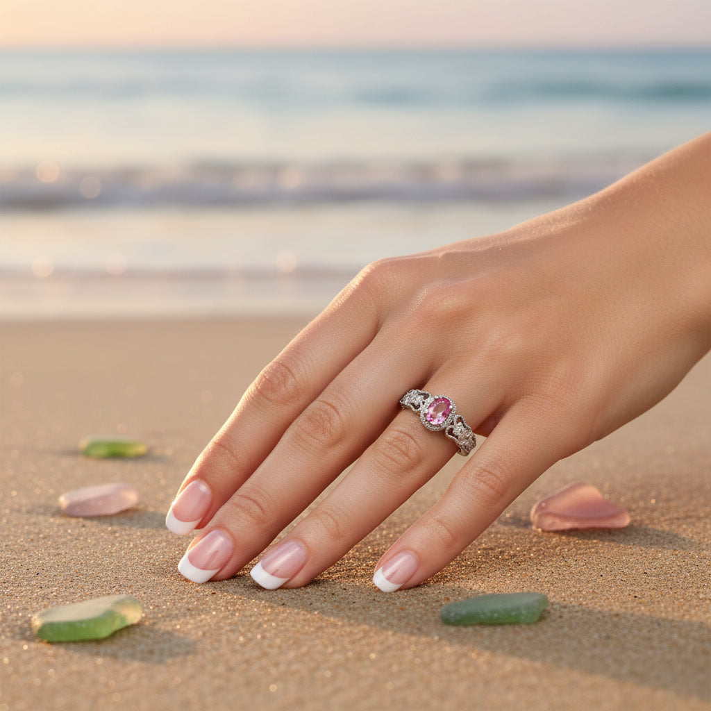 Natural Brazilian Pink Tourmaline Vintage Halo Ring with 4x6mm oval gemstone and cubic zirconia accents in 925 sterling silver with platinum plated finish by PHIMSERA