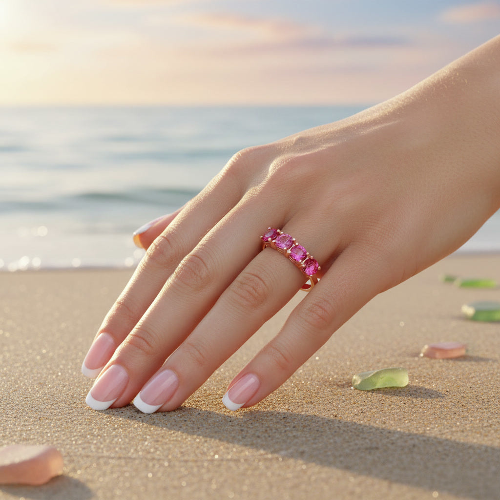 Pink Tourmaline Band Ring, Gradient Pink Tourmaline Ring 925 Sterling Silver