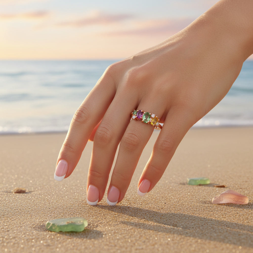 Natural Multi Tourmaline Statement Ring with mixed cut rainbow gemstones in pink green blue and golden tones crafted in 925 sterling silver by PHIMSERA