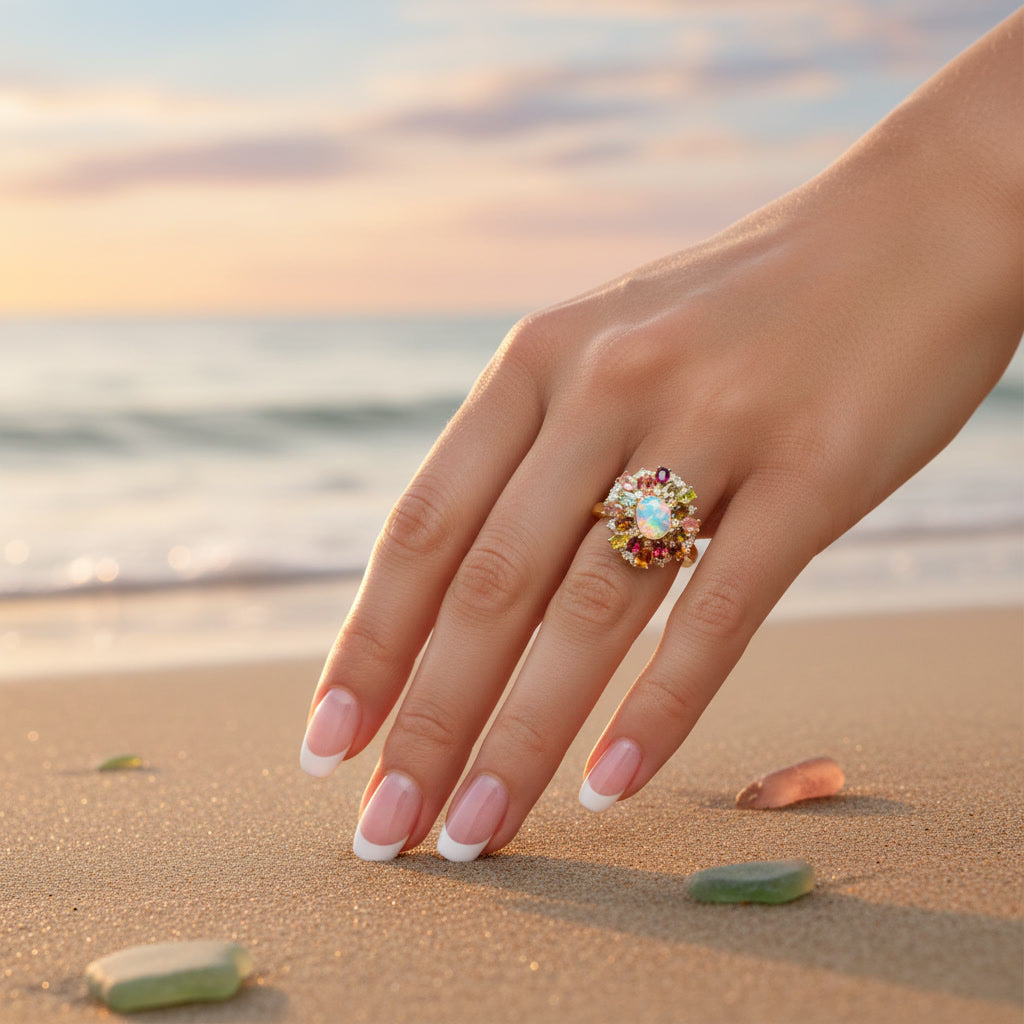 Fire Opal and Multicolor Tourmaline Statement Ring 7x9mm