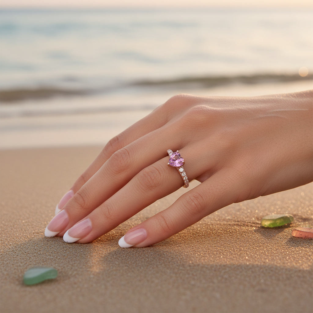 Natural Brazilian Heart Tourmaline Ring with 6mm heart-cut gemstone and cubic zirconia accents in 925 sterling silver by PHIMSERA