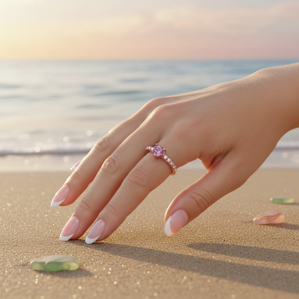 Natural Brazilian Heart Tourmaline Ring with 6mm heart-cut gemstone and cubic zirconia accents in 925 sterling silver by PHIMSERA