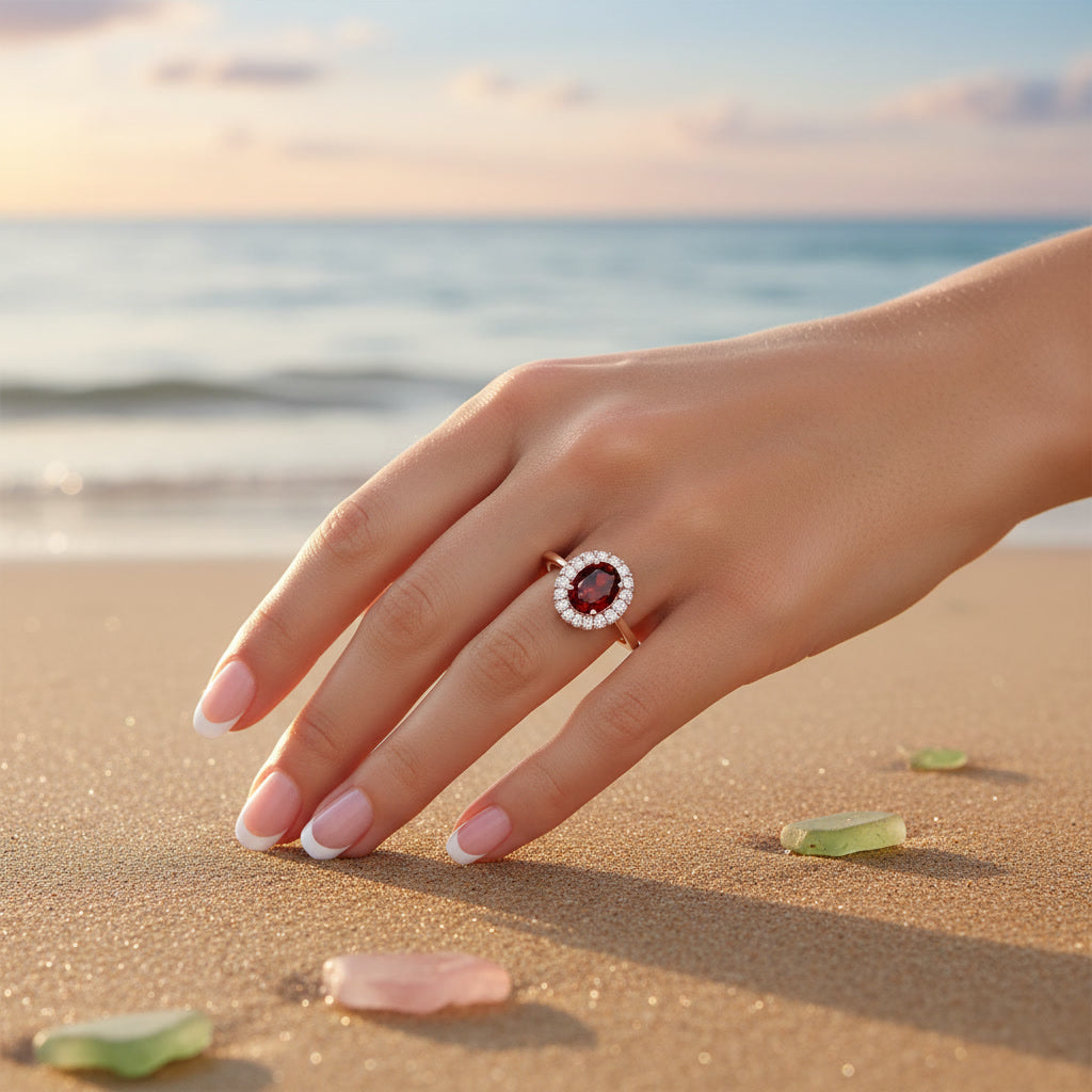 Natural 3 carat 8x10mm oval red garnet halo ring with brilliant cubic zirconia accents in rose gold plated sterling silver.