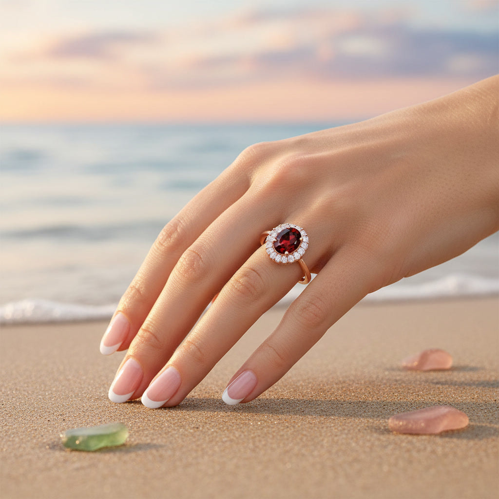 Natural 3 carat 8x10mm oval red garnet halo ring with brilliant cubic zirconia accents in rose gold plated sterling silver.