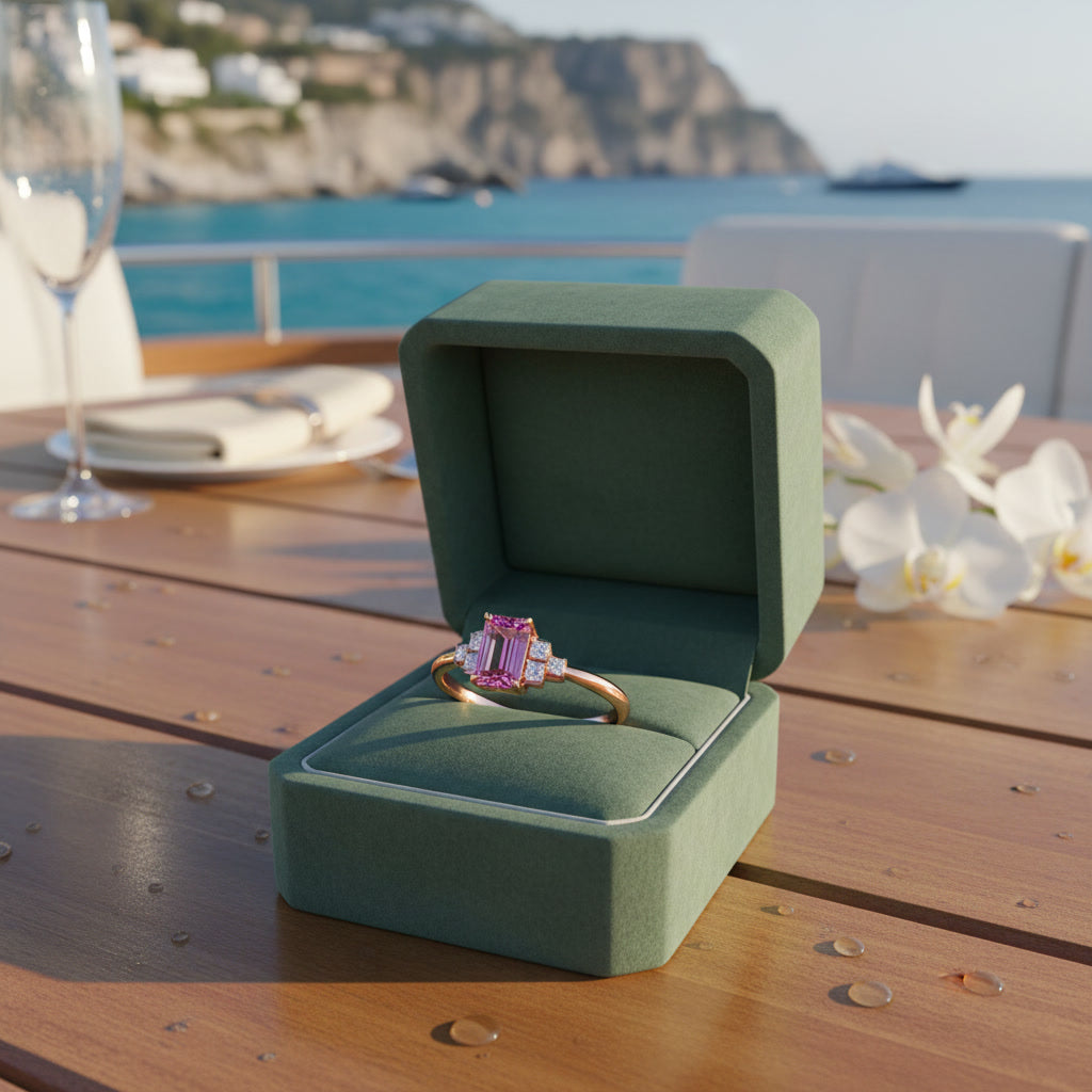 Natural Brazilian Emerald Cut Tourmaline Ring with 4x6mm gemstone and cubic zirconia accents in 925 sterling silver by PHIMSERA