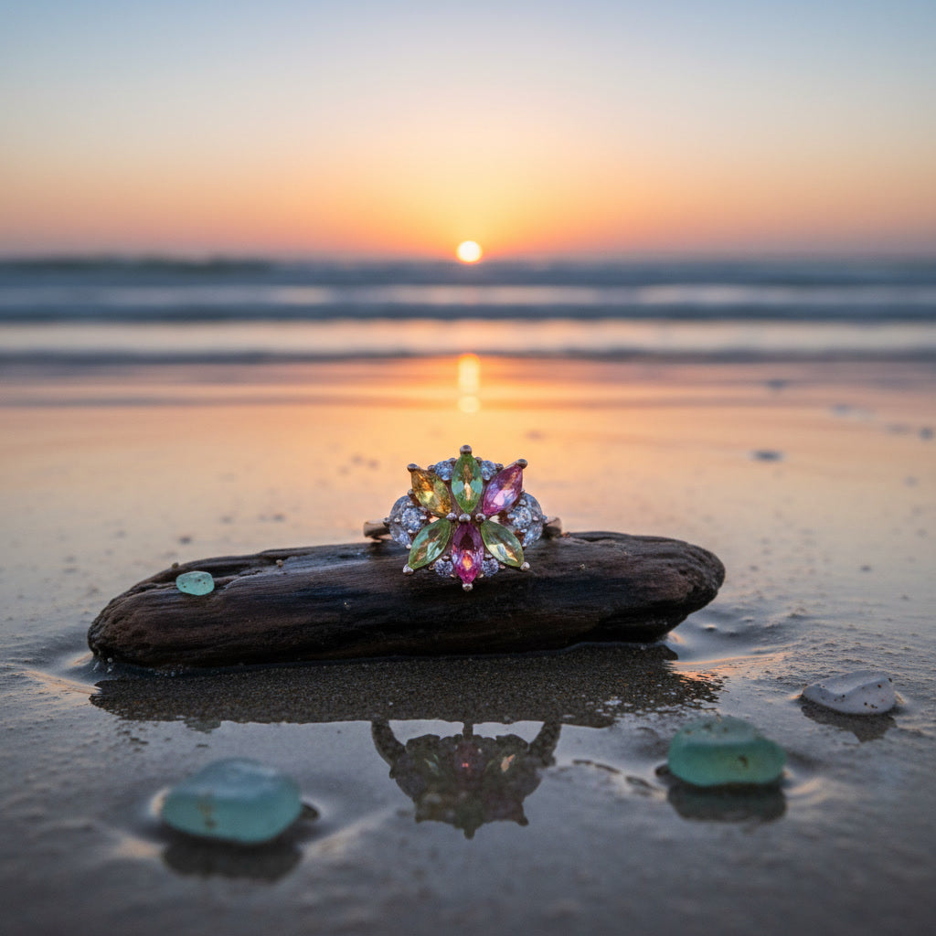 Natural Brazilian Tourmaline Flower Ring, Colorful Gemstone Cluster Ring, Oct.