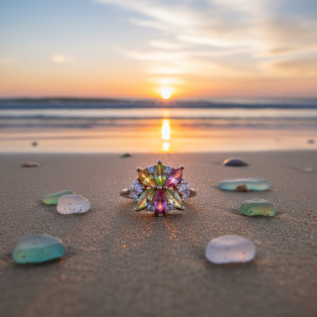 Natural Brazilian Tourmaline Flower Ring, Colorful Gemstone Cluster Ring, Oct.