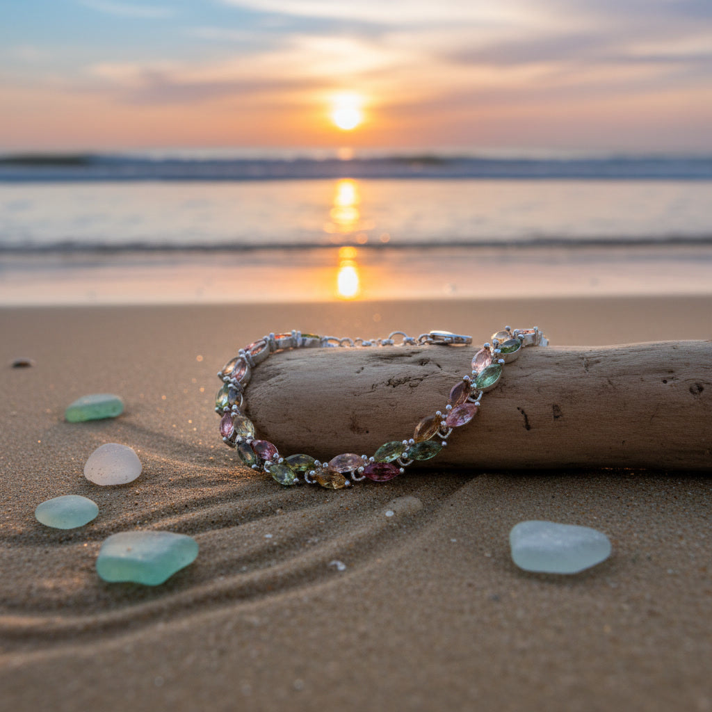 Natural Multi Tourmaline Bracelet with 2.5x5mm marquise colorful gemstones in 925 sterling silver with platinum plated finish by PHIMSERA