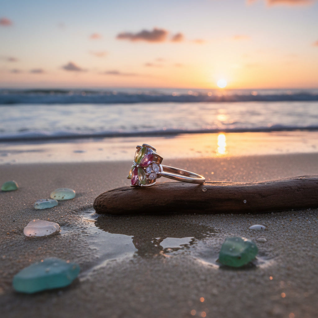 Natural Brazilian Tourmaline Flower Ring, Colorful Gemstone Cluster Ring, Oct.