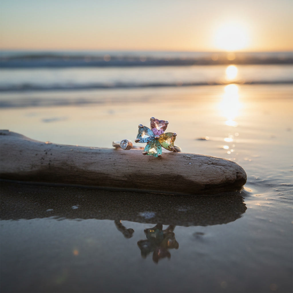 Natural Multi Tourmaline Floral Ring with 5mm colorful gemstones in a flower design crafted in 925 sterling silver with platinum plated finish by PHIMSERA