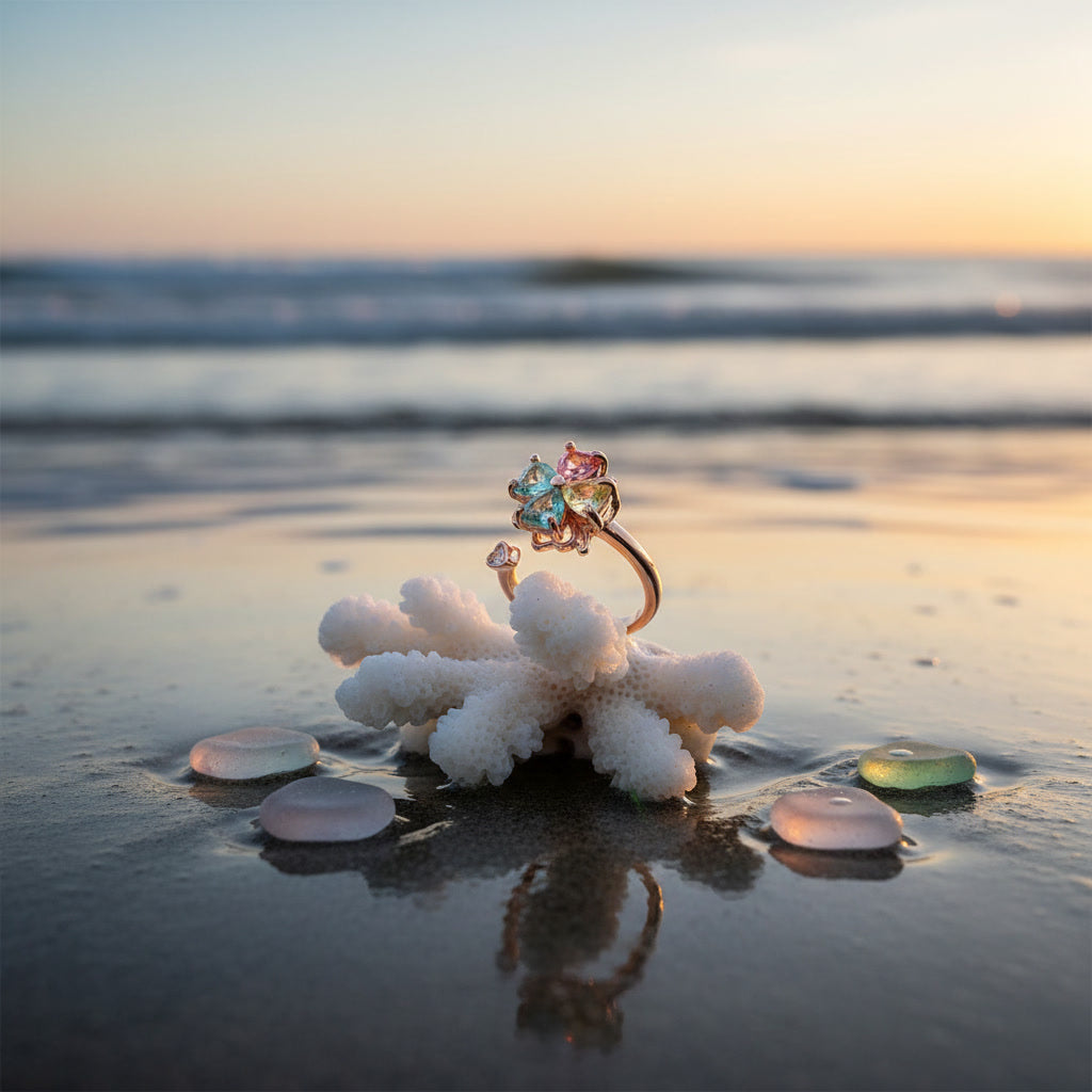 Natural Multi Tourmaline Floral Ring with 5mm colorful gemstones in a flower design crafted in 925 sterling silver with platinum plated finish by PHIMSERA