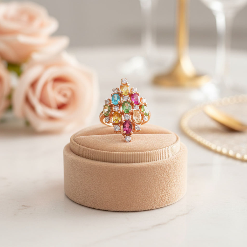 Natural Multi Tourmaline Cluster Statement Ring with 3x4mm colorful gemstones and cubic zirconia accents in 925 sterling silver with platinum plated finish by PHIMSERA