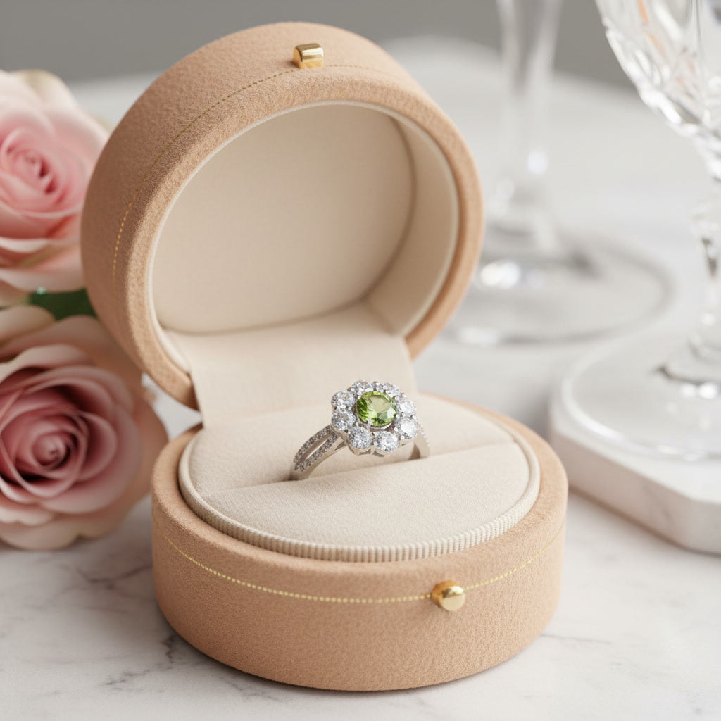 Natural Peridot Halo Ring 5mm Round August Birthstone 925 Sterling Silver CZ