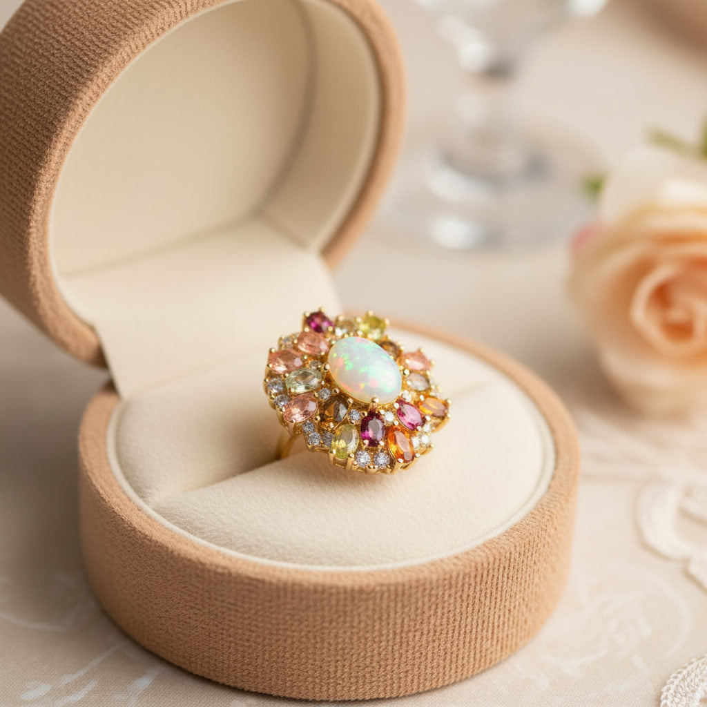 Fire Opal and Multicolor Tourmaline Statement Ring 7x9mm