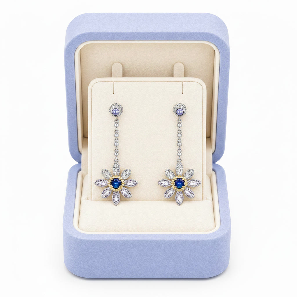 Blue Sapphire Long Dangle Flower Earrings, VVS Grade Blue Sapphire Earrings