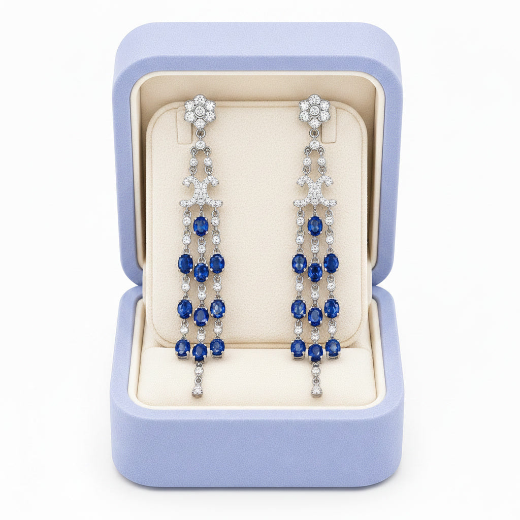 Three Tier Chandelier Sapphire Earrings, Natural Blue Sapphire VVS Grade