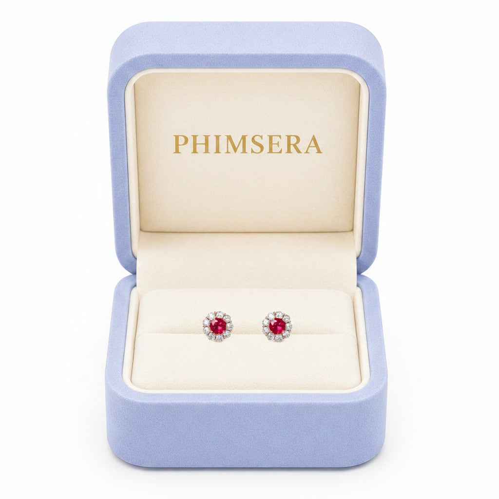 Natural 4mm ruby halo stud earrings in platinum plated 925 sterling silver with high quality cubic zirconia accents