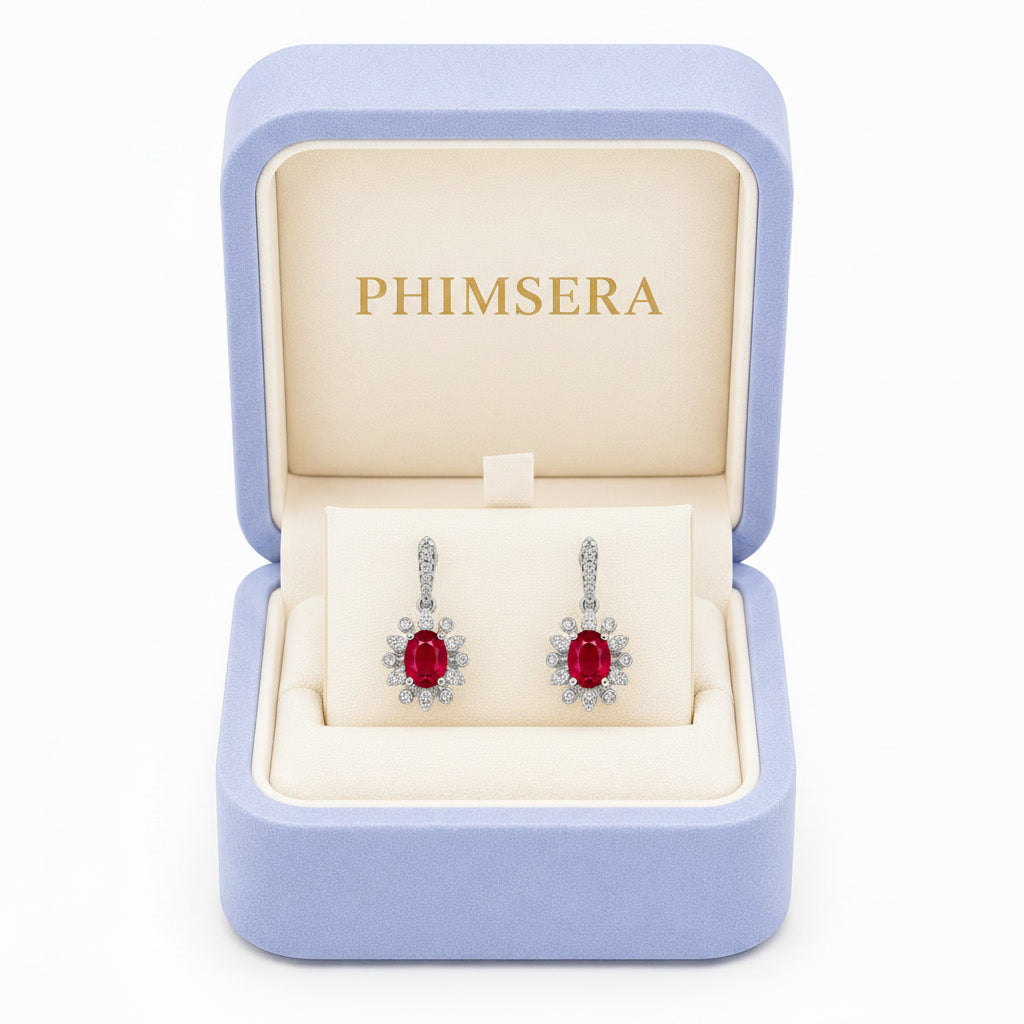 Natural 4x5mm ruby flower dangle earrings in platinum plated 925 sterling silver with genuine oval ruby gemstones