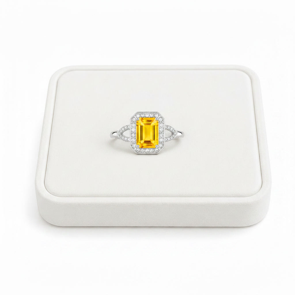 Natural Citrine Ring – 6x8mm Emerald Cut Citrine Halo Ring in 925 Sterling Silver