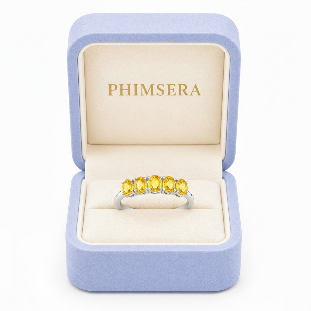 Natural Citrine Band Ring – Five 3x4mm Oval Citrine Gemstones in 925 Sterling Silver