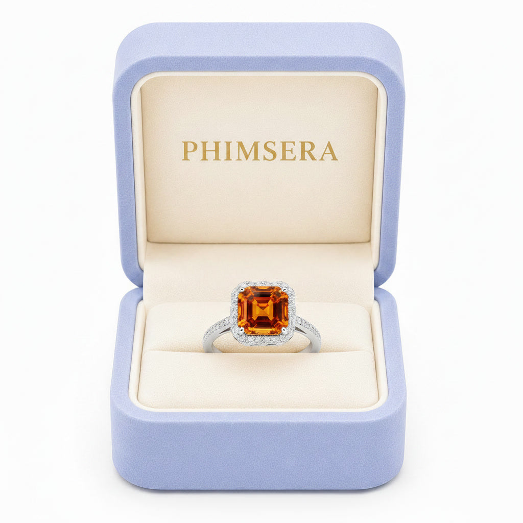 Natural 10mm Asscher cut citrine halo ring presented in Phimsera jewelry gift box